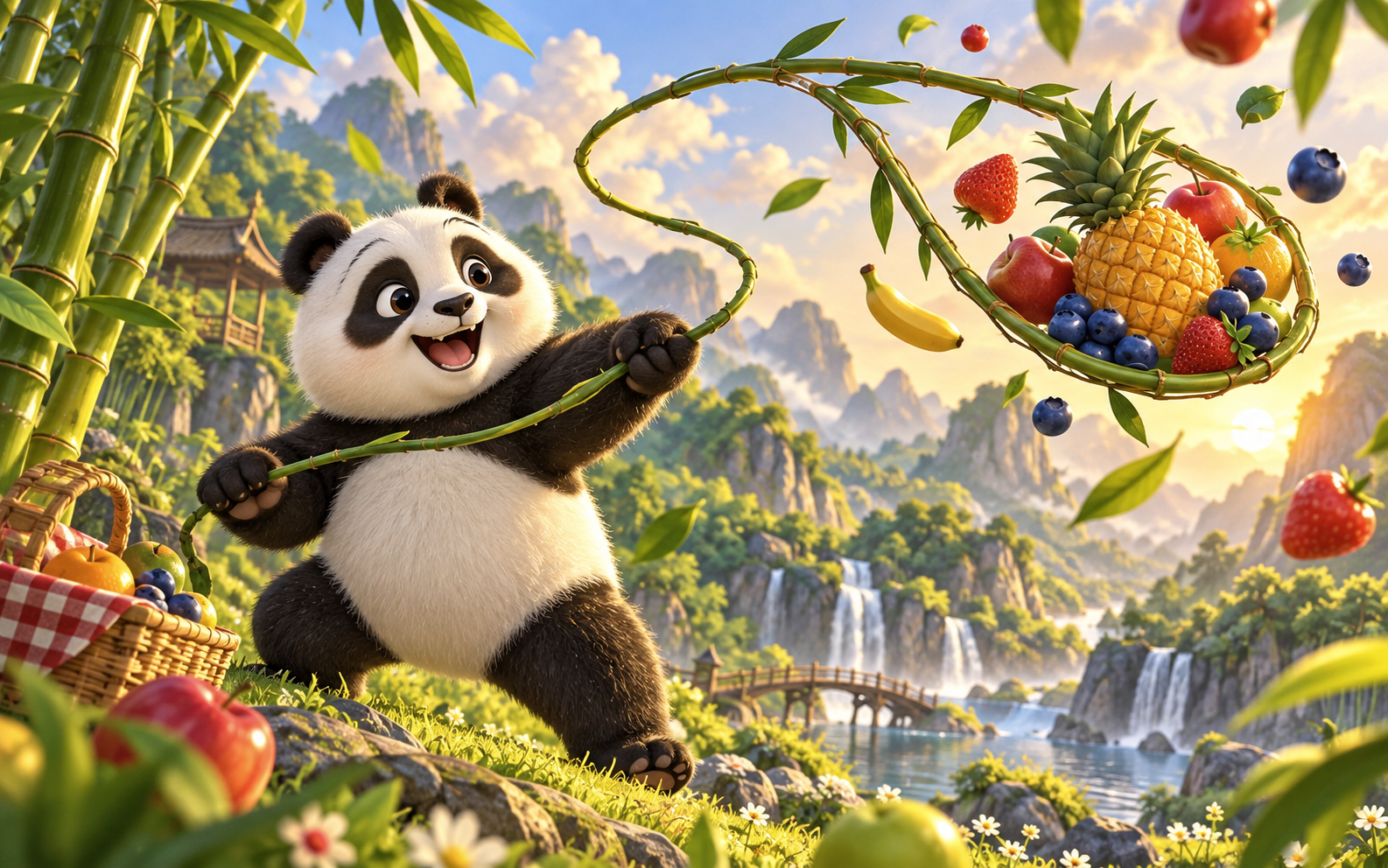 Bao the panda swinging a bamboo lasso around flying picnic fruit