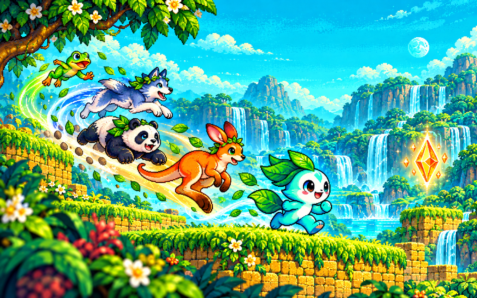 Lumi and four animal forms racing through Moonmeadow